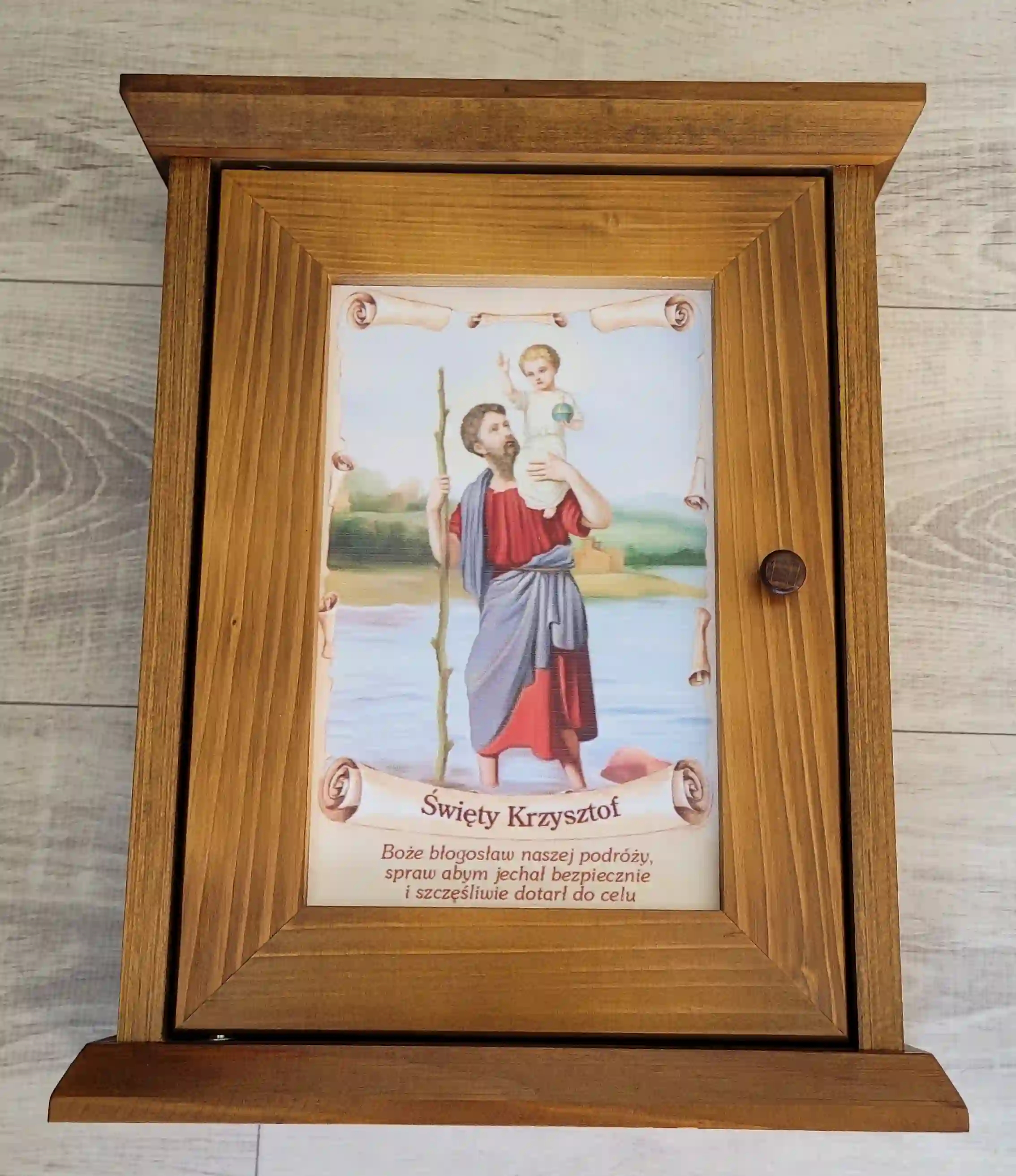 PIKUSA — skrinka na kľúče, tmavé drevo, sv. Krištof